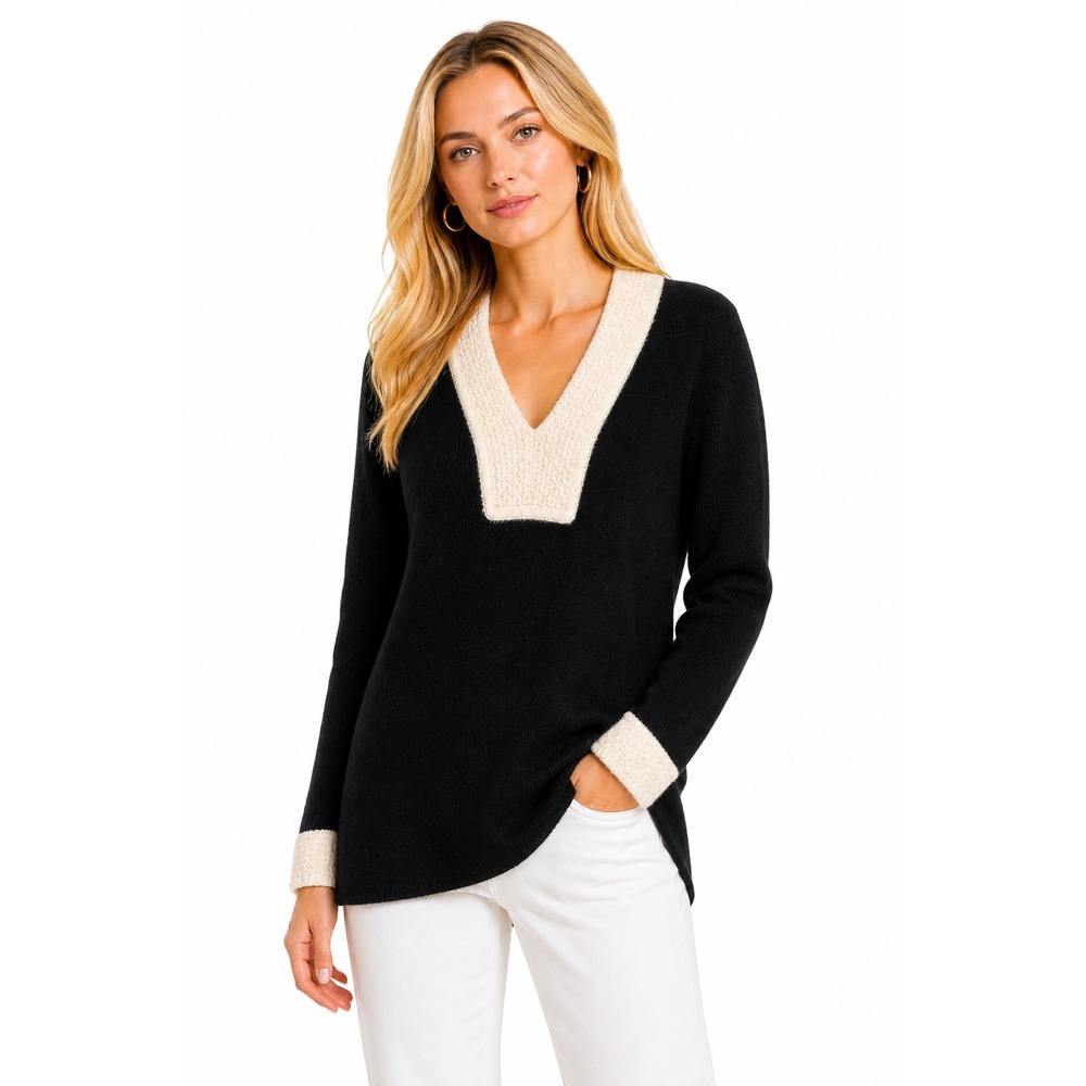 Tory Burch Women's Sz XS Tunic Sweater Cashmere Black Cream Knit V-Neck